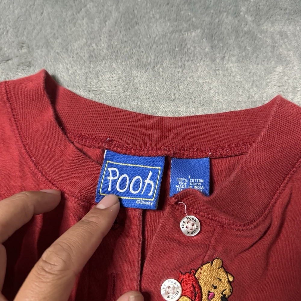 VTG 90s Winnie The Pooh 1/4‎ Button Longsleeve Shirt Embroidered Red Size L - Picture 3 of 7